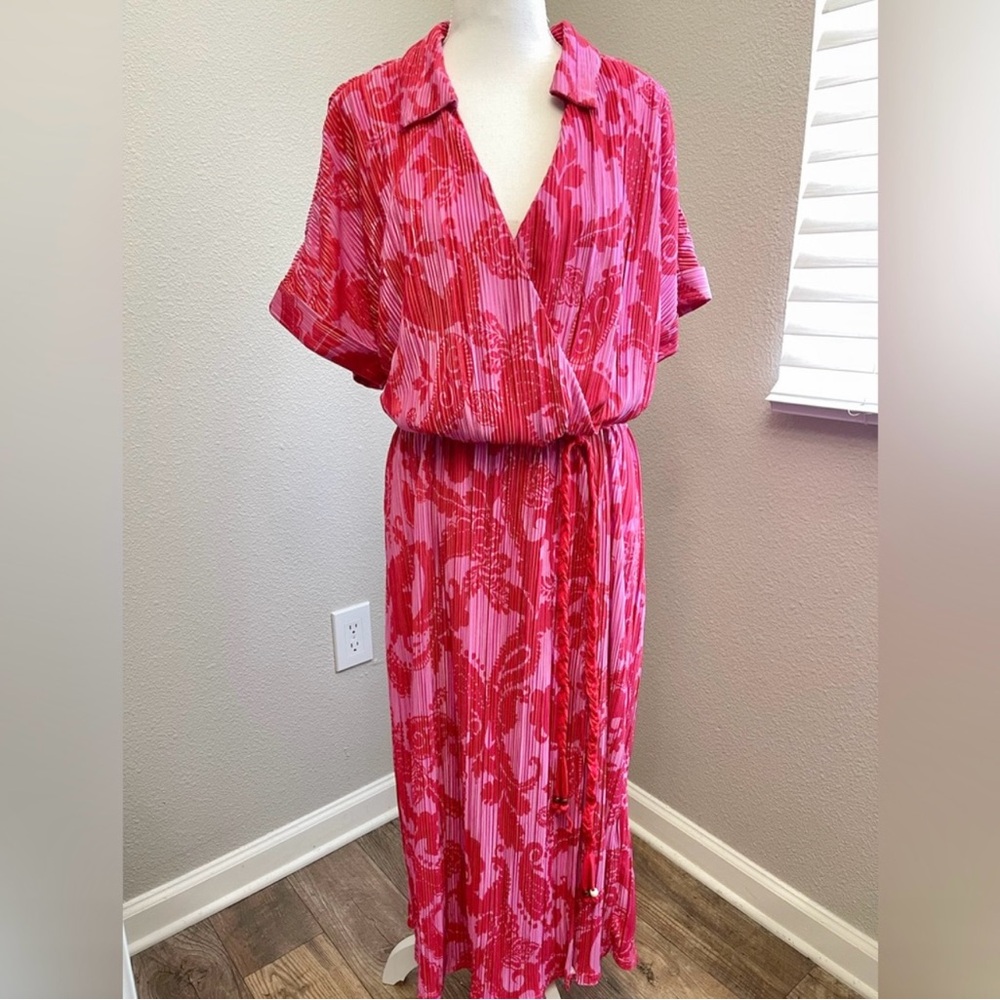 Kathy Ireland - Pink & Red Ribbed Sleeveless Wedding Guest Dress